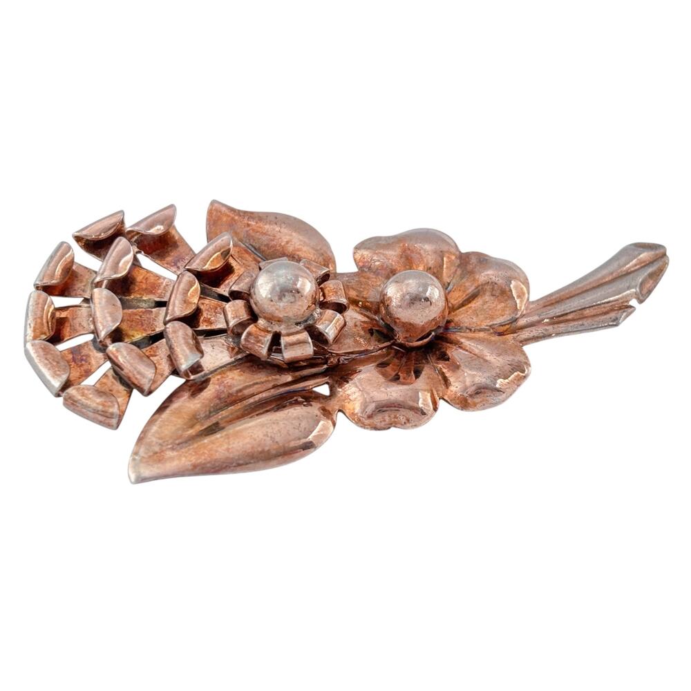 Vintage Rose Gold Vermeil Sterling 925 Silver Double Flower Brooch - Picture 7 of 9